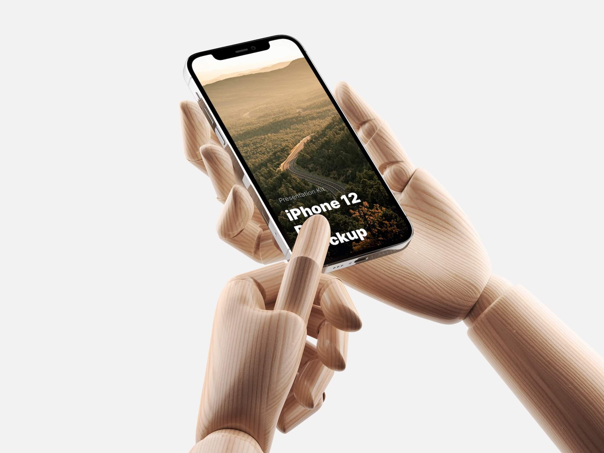 Wooden Hands iPhone 12 Pro Realistic Mockups, Scene 06