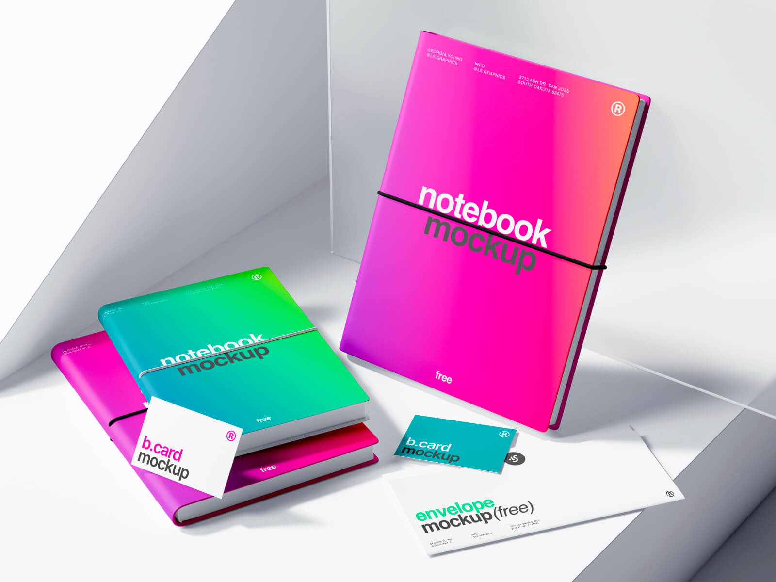 Free 3 Notebook and Business Cards with Envelope Mockup